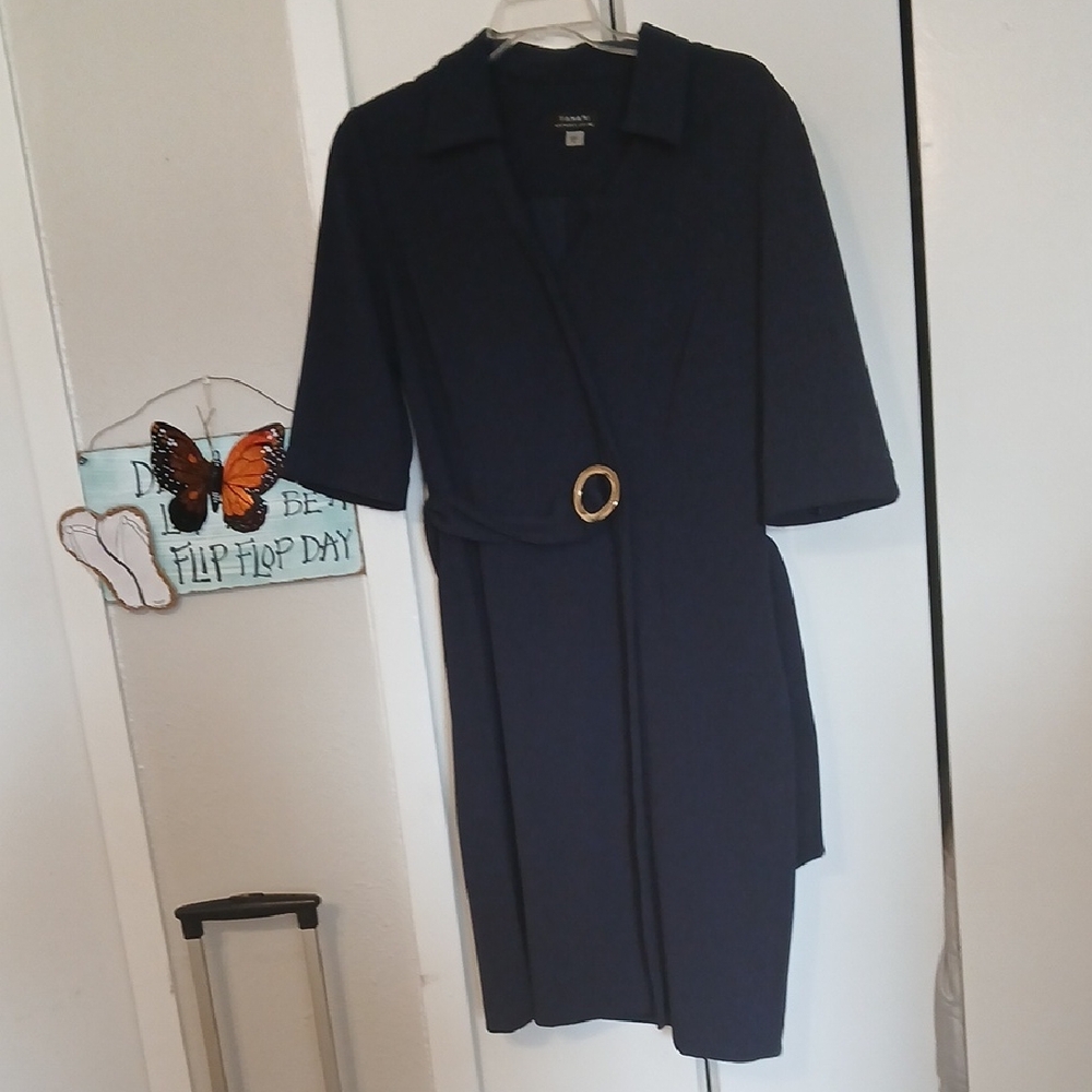 Tahari Navy Long Sleeve Dress with Gold Accent